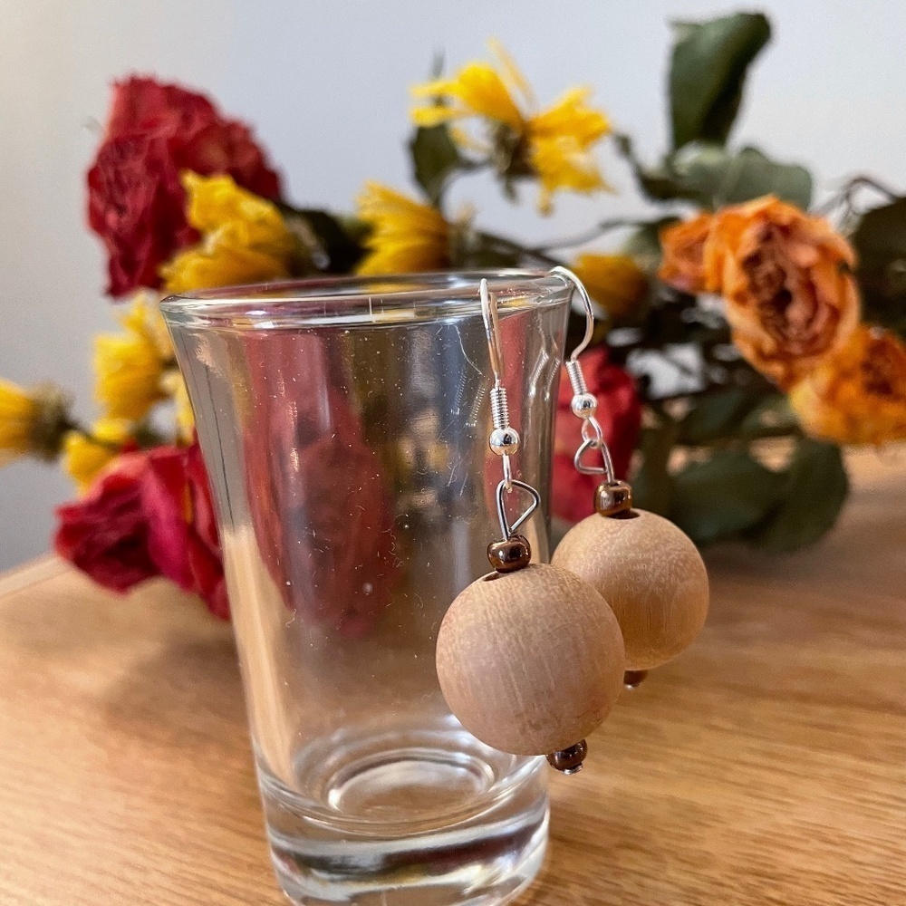 Wooden Sphere Beaded Earrings